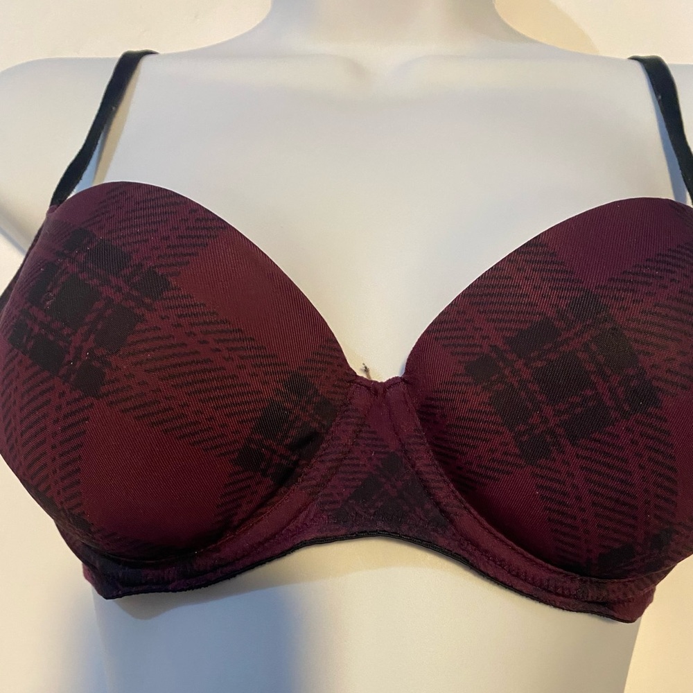 PINK Victoria's Secret 3 Bras Burgundy & Black Plaid,White w Black Star & Gray - Picture 2 of 16